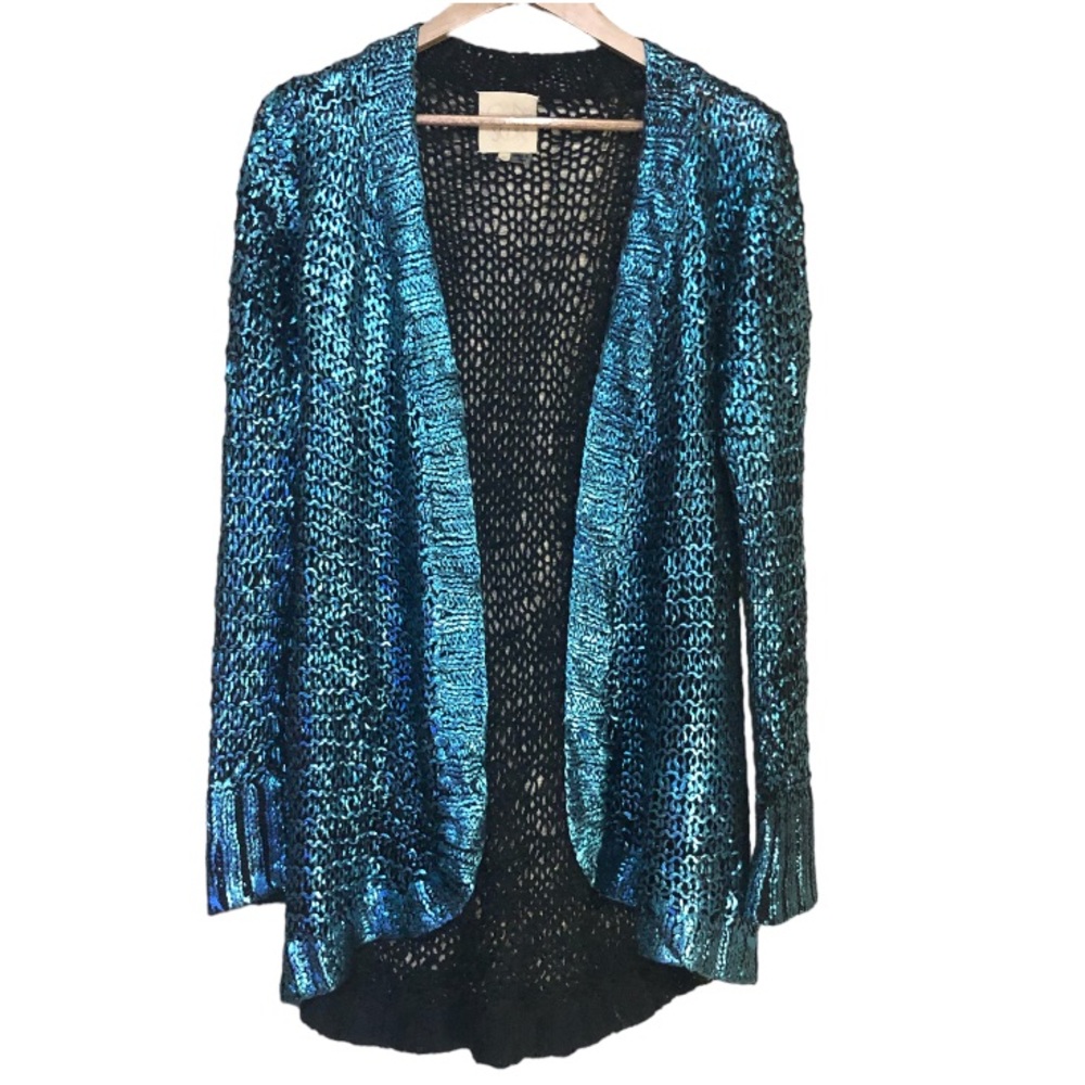 Chaser open knit metallic blue cardigan Boho Festival